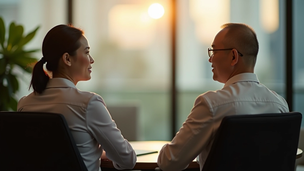 One-on-one coaching session in professional setting, coach and client in discussion